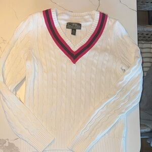 Ralph Lauren V-Neck Sweater in White with Pink and NavyTrim